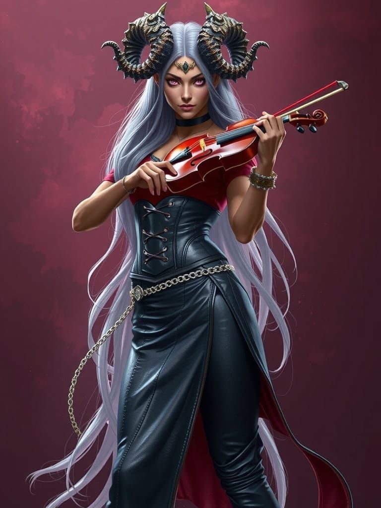Sultry Crimson Skinned Tiefling Bard with Moonlit Hair and A...