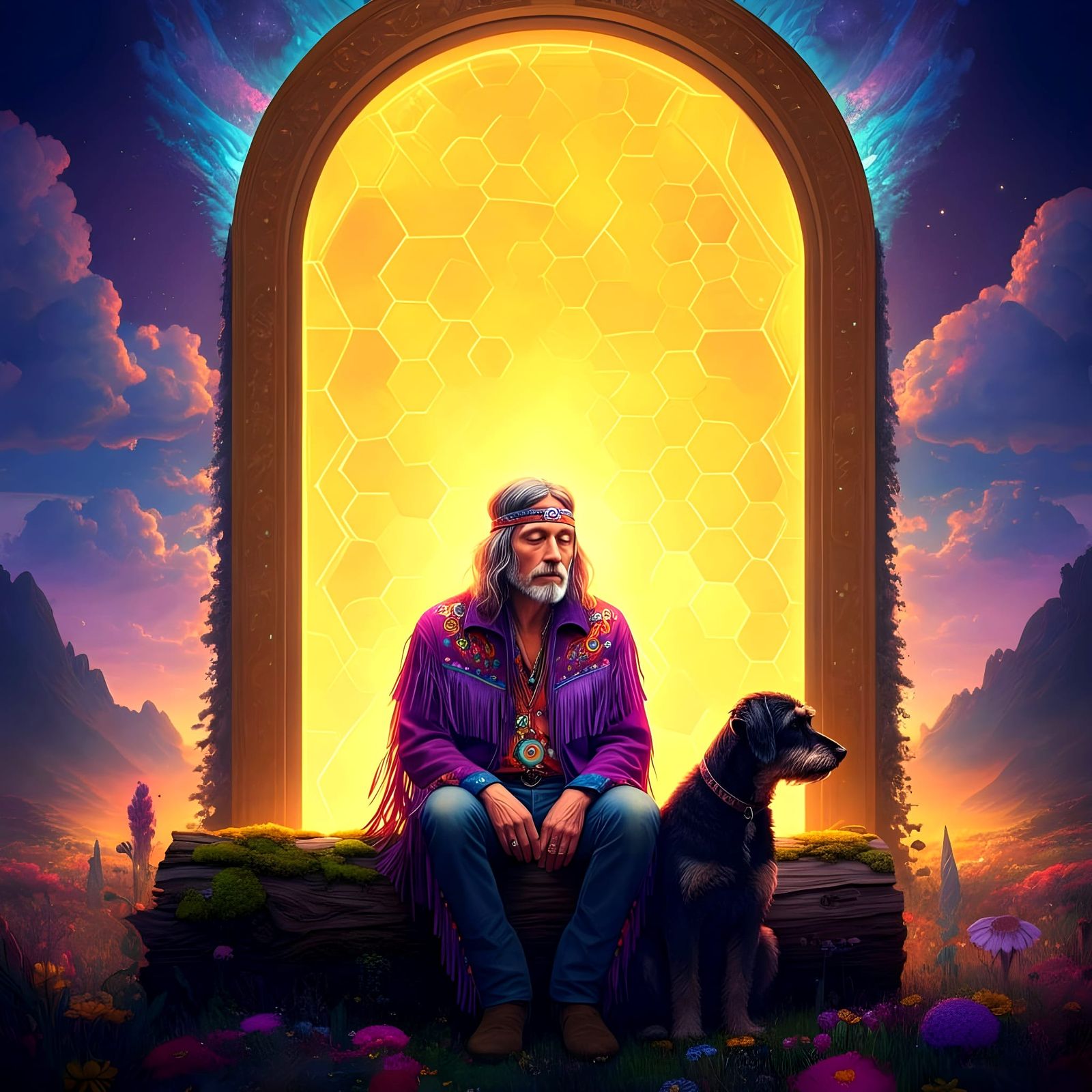 Golden Portal Encounter with a Hippie Musician in Ethereal L...