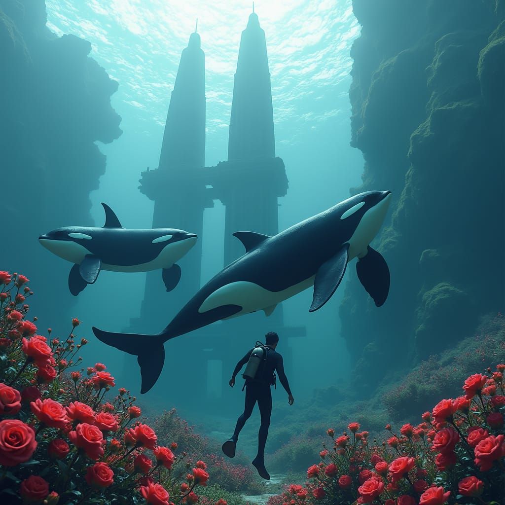 Diver Surrounded by Majestic Orcas in a Futuristic Oceanic S...