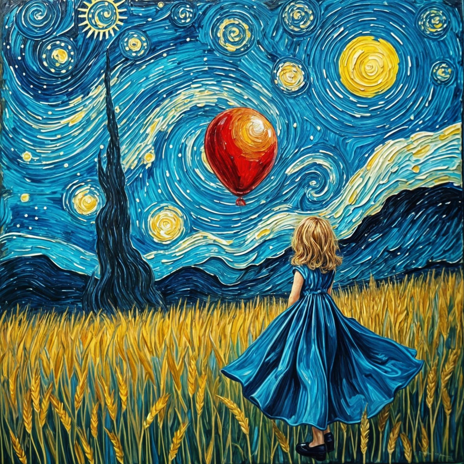 Girl with Balloon in Starry Night Sky Impasto Painting
