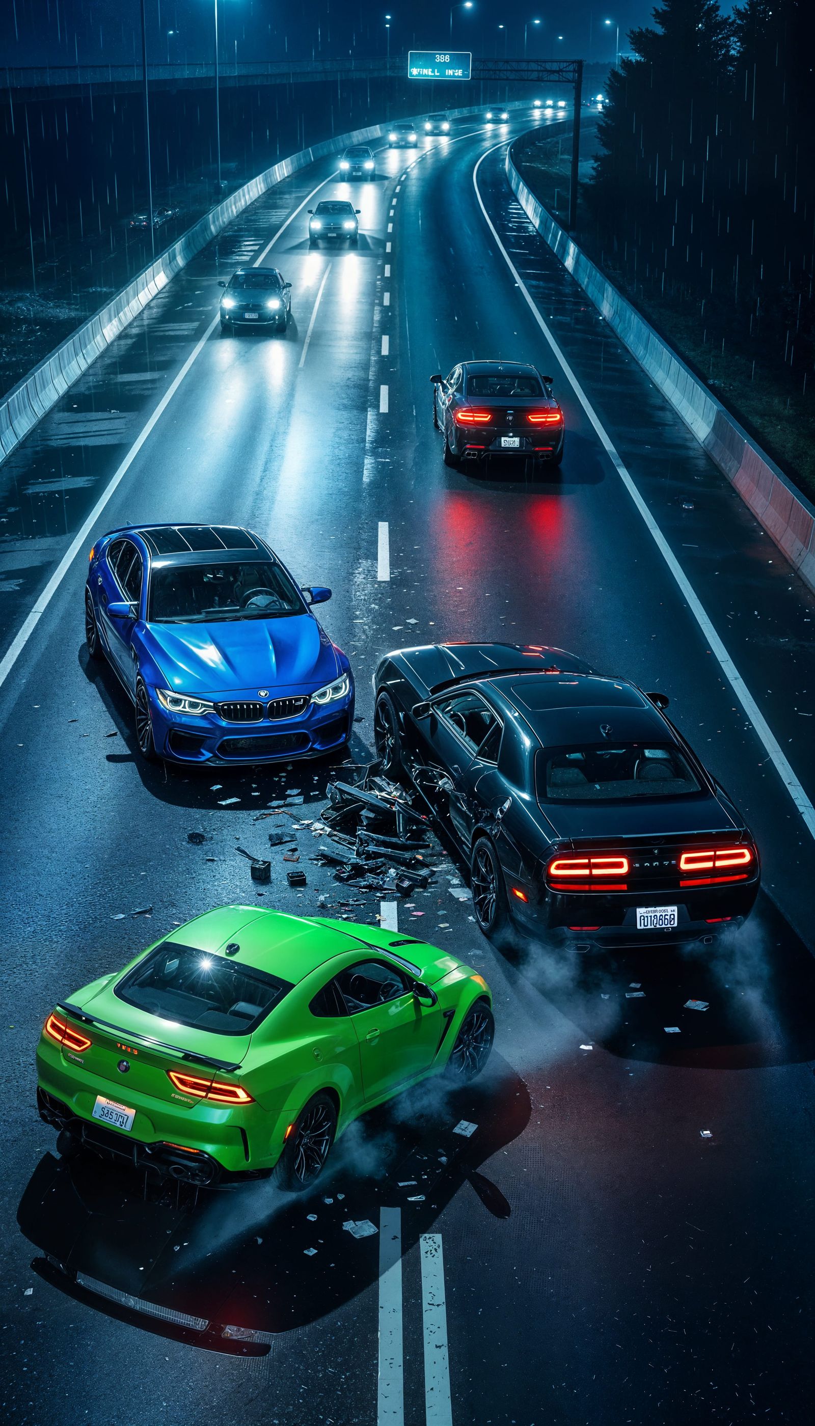 Nighttime Highway Car Crash Escape