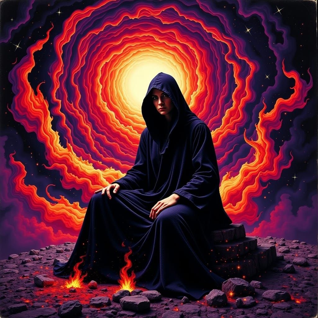 Mysterious Warlock in Fiery Vortex: Dark Fantasy Art