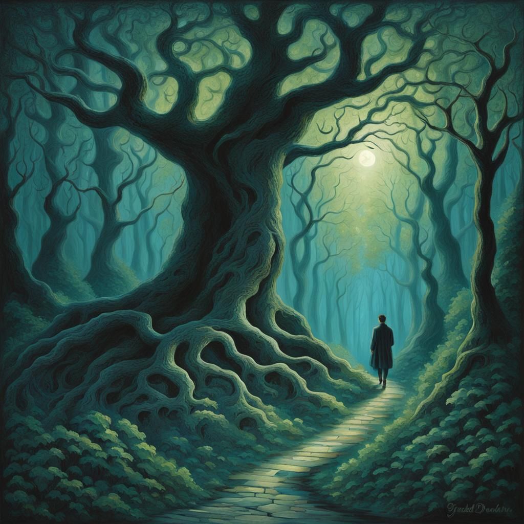 Mysterious Figure on Forest Path in Turner Style