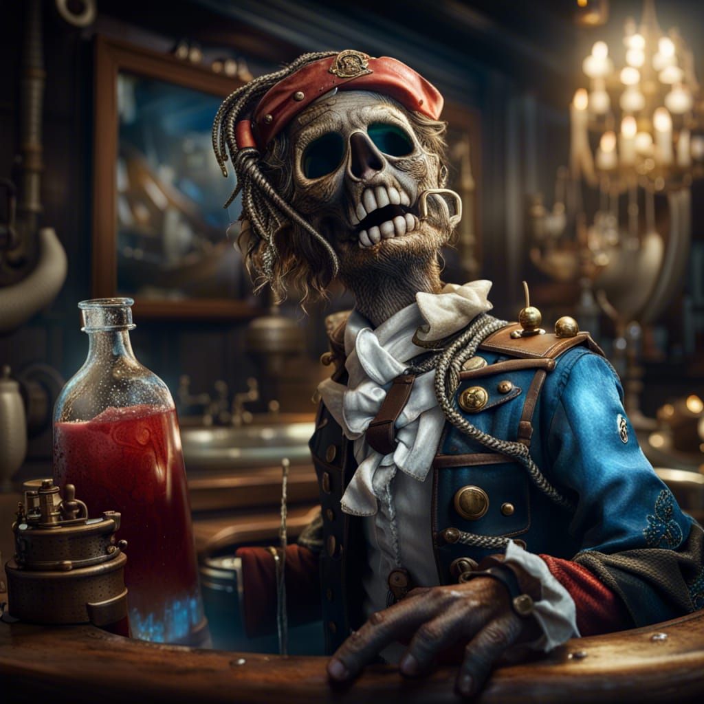 Anthropomorphic Pirate Boy Plays in Sink, Cinematic HDR