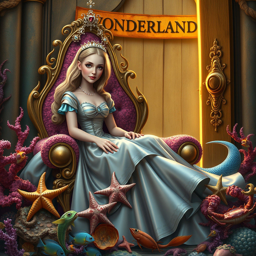 Alice in Wonderland with Mermaid in Hyperrealistic Style