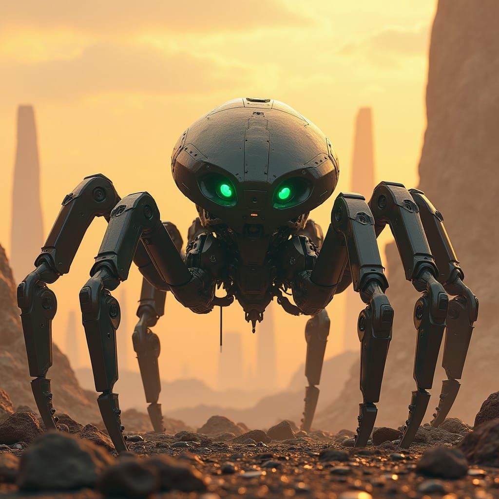 Mechanical Arachnid in Desolate Wasteland, Inspired by Dark...