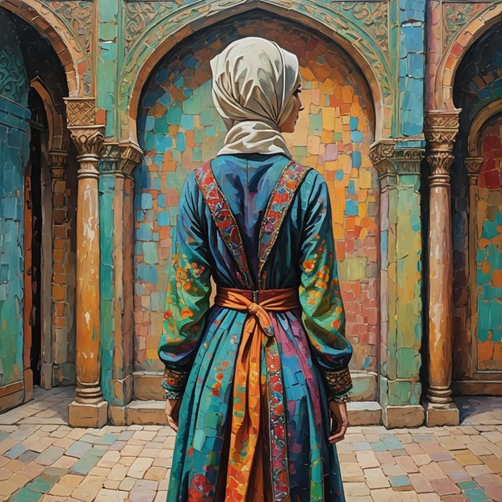 Woman in Hijab and Ottoman Dress in Expressionist Style