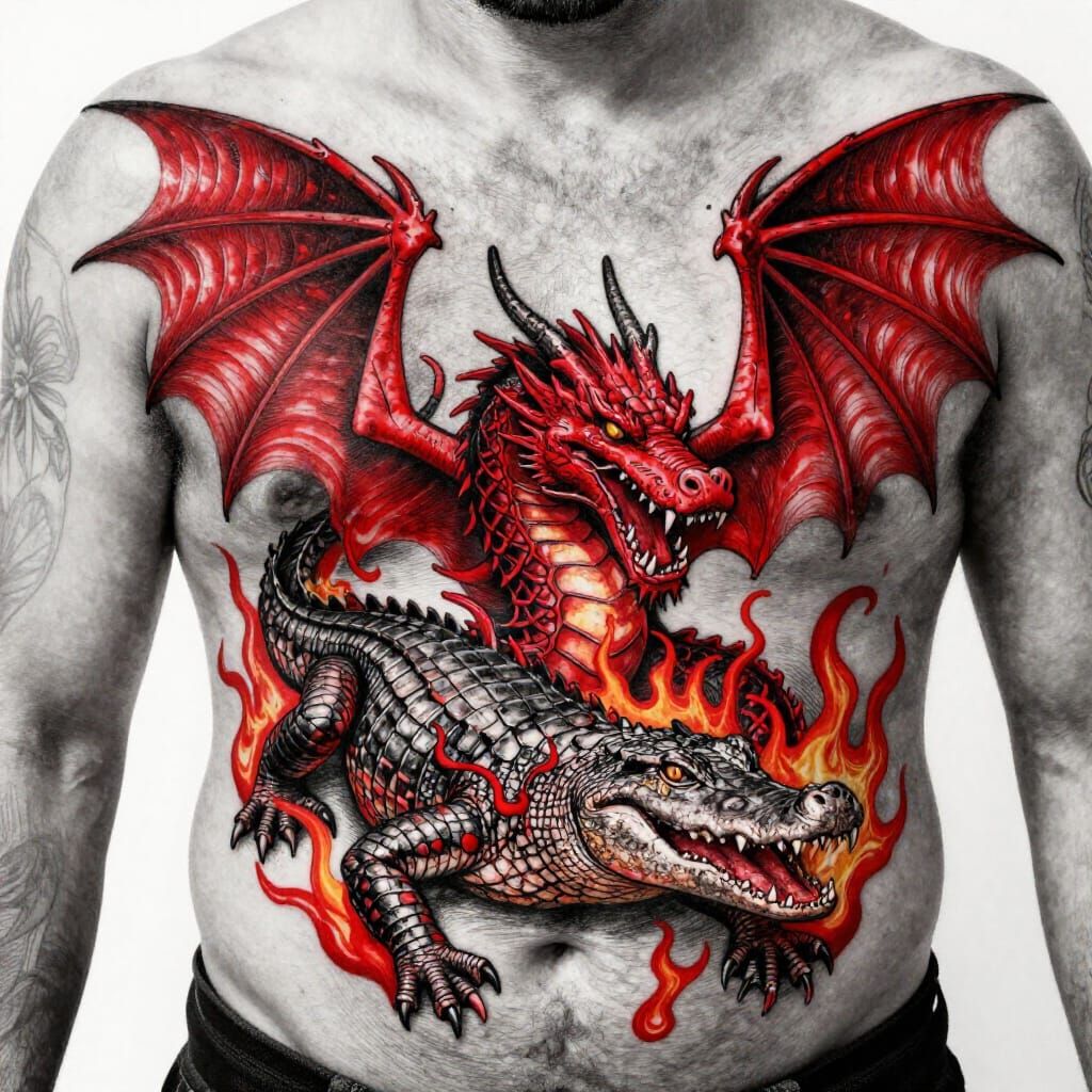 Intricate Alligator Tattoo with Fiery Dragon Art