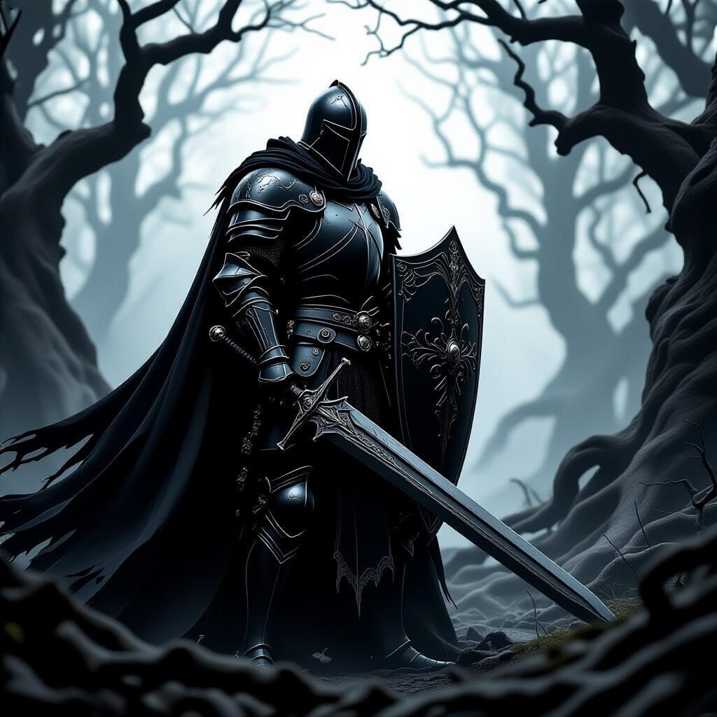 Knight in Black Armor in Dark Fantasy Forest