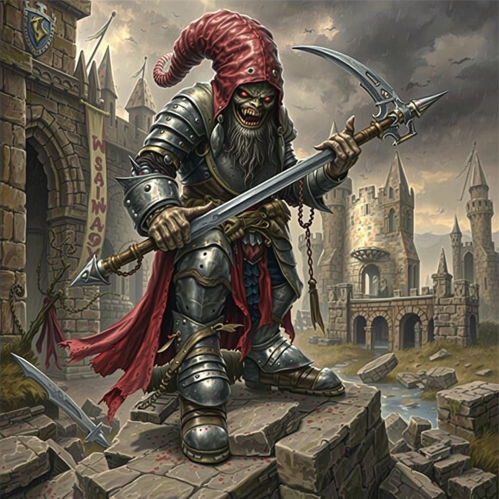 Malevolent Redcap Stalks Crumbling Fortress Under Stormy Sky