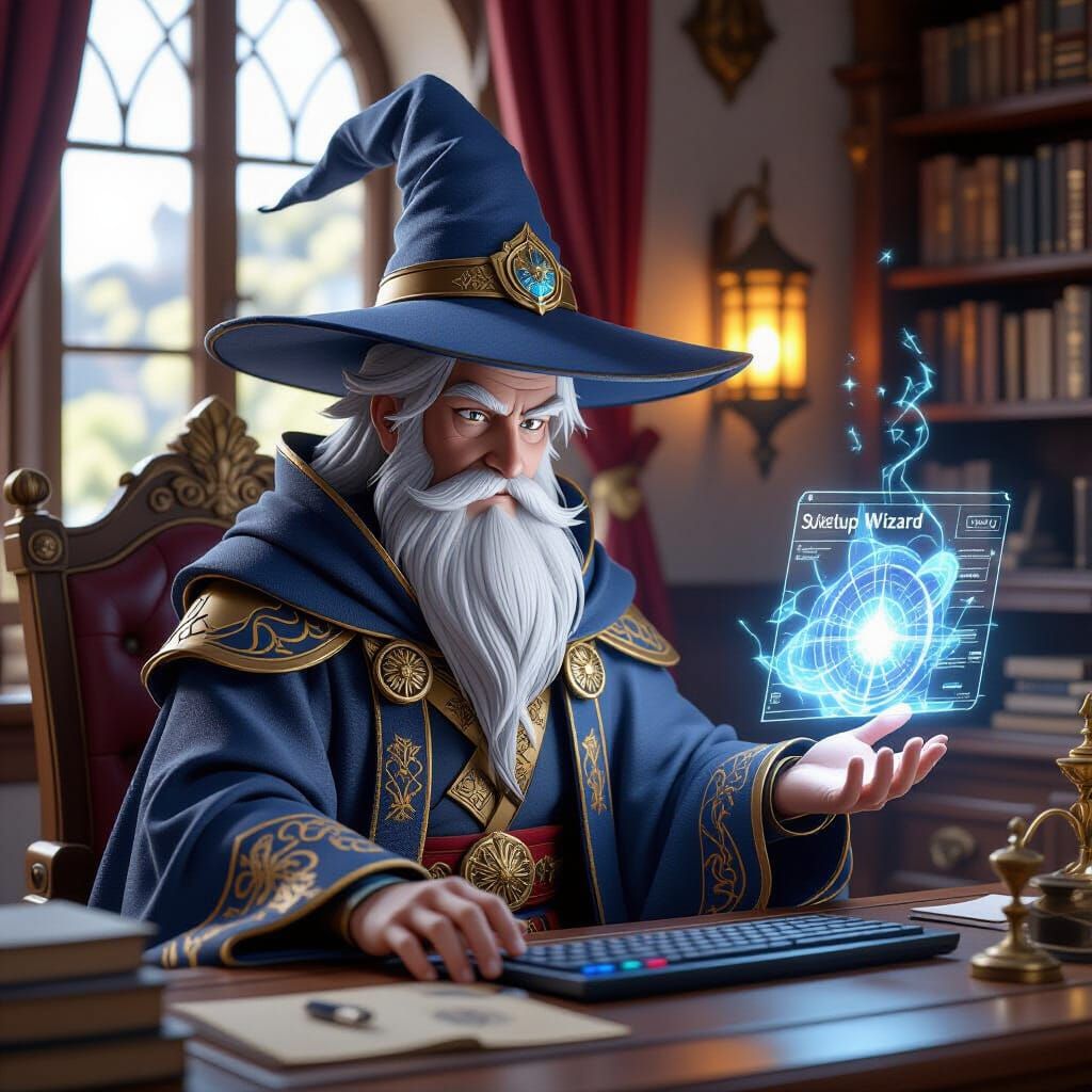 Wizard Navigating a Setup Wizard in Anime Style