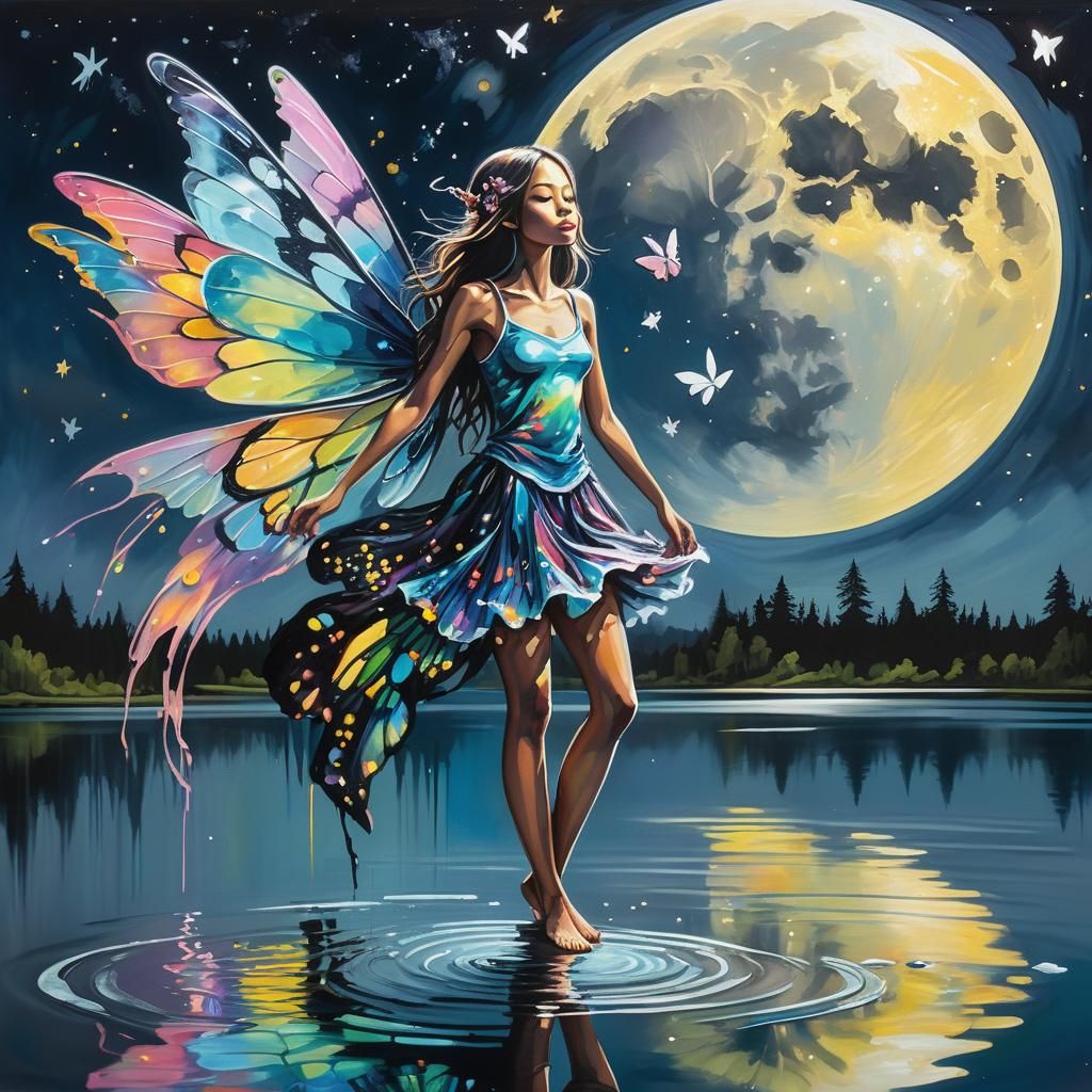 Vibrant Fairy in Flight Over Shimmering Lake, Full Moon