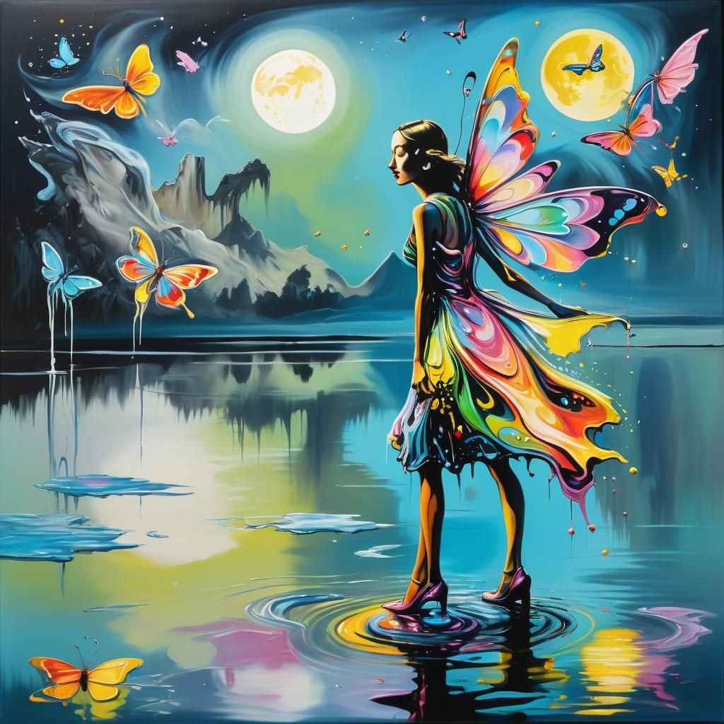 Surreal Fairy Soars over Moonlit Lake in Vibrant Street Art....