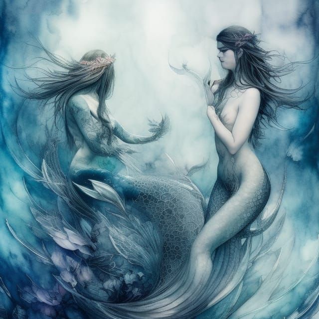 Ethereal Mermaids in Mist: Ink Flow Gouache Painting