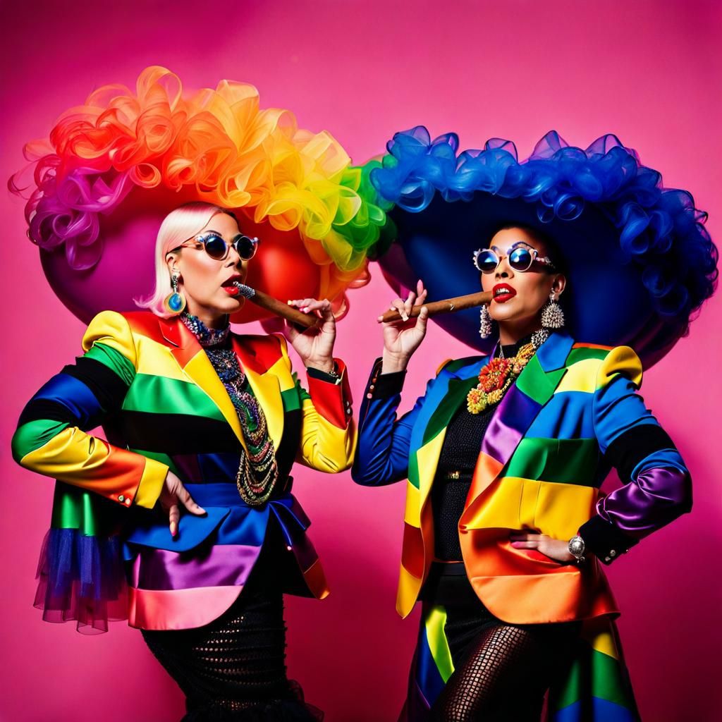 Drag Queens Smoke Cigars in Rainbow Suits