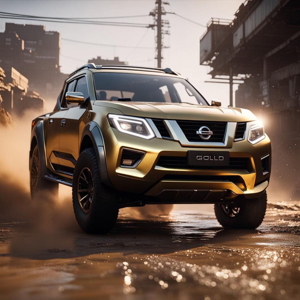 Gold Nissan Rendered in 3D Game Cinematic Style