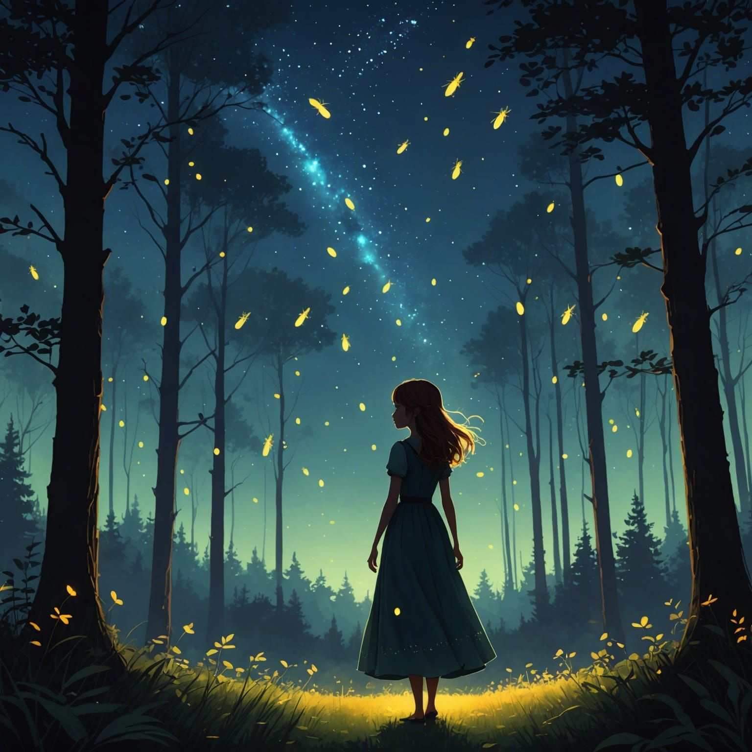 Magical Fireflies Surround Girl in Forest: Digital Matte Pai...