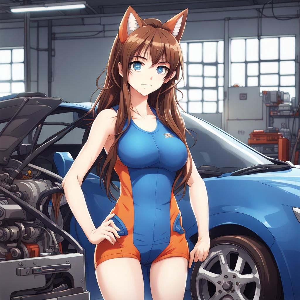 Anime Fox Girl Mechanic in Car Repair Shop