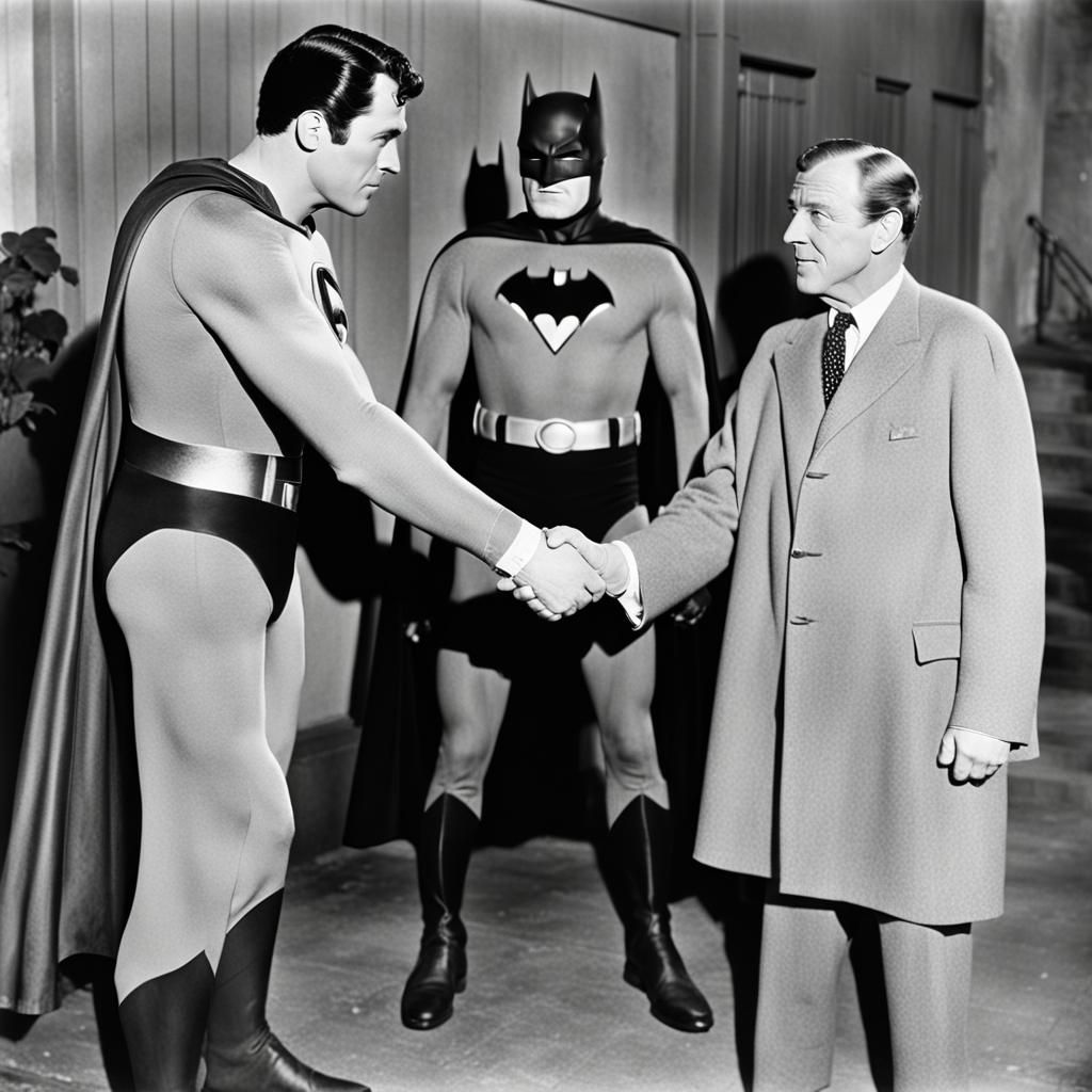 Kirk Alyn as Superman shaking hands with Louis Wilson as Batman