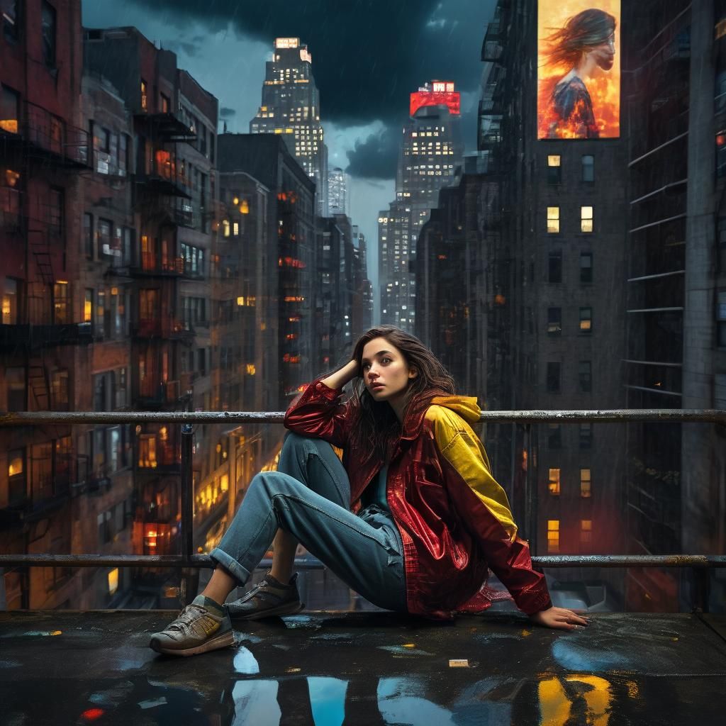 Cityscape Painting: Woman on Fire Escape