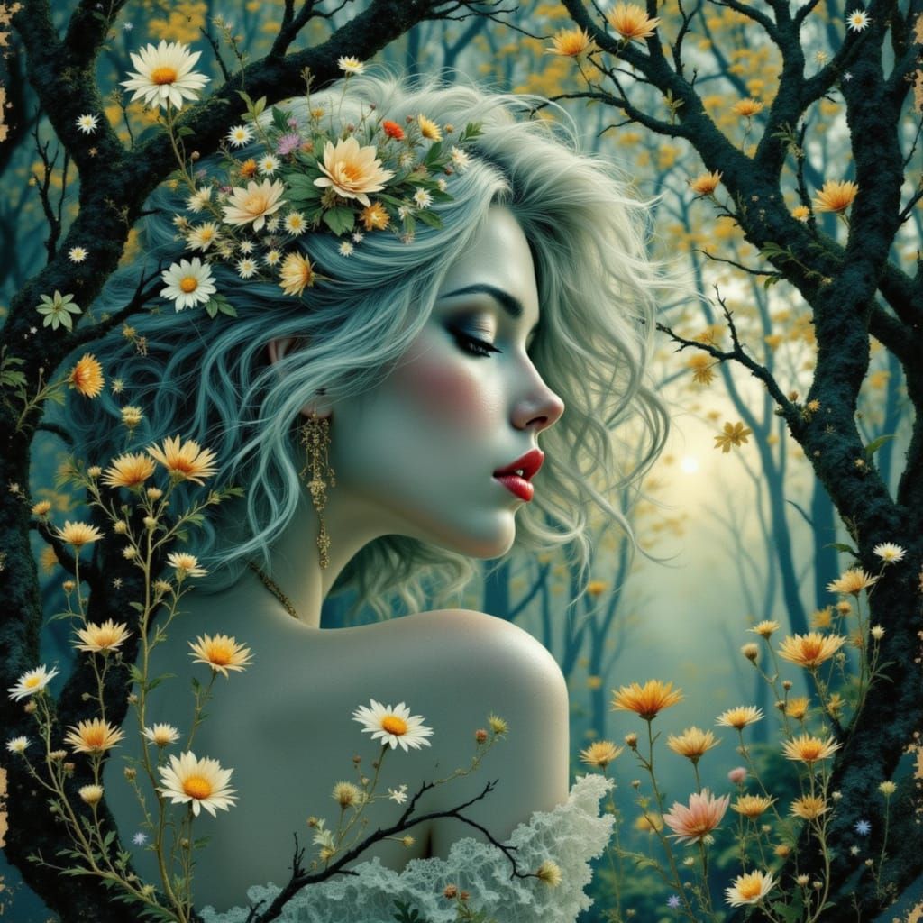 Ethereal Woman with Bioluminescent Flowers in Art Nouveau St...