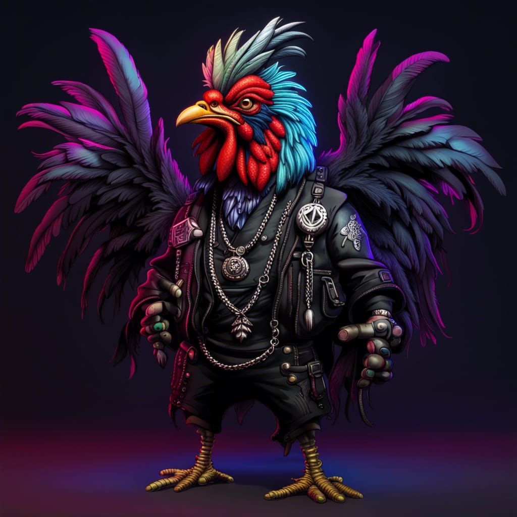 Luminescent Biopunk Rooster Thug in Speculative Farm