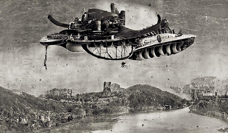 Steampunk Hovercraft Flies Over Abandoned City