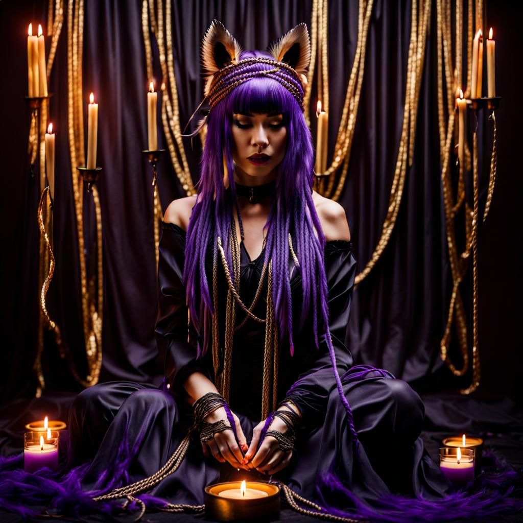 a beautiful dreamy kneeling  blindfolded purple haired  woma...