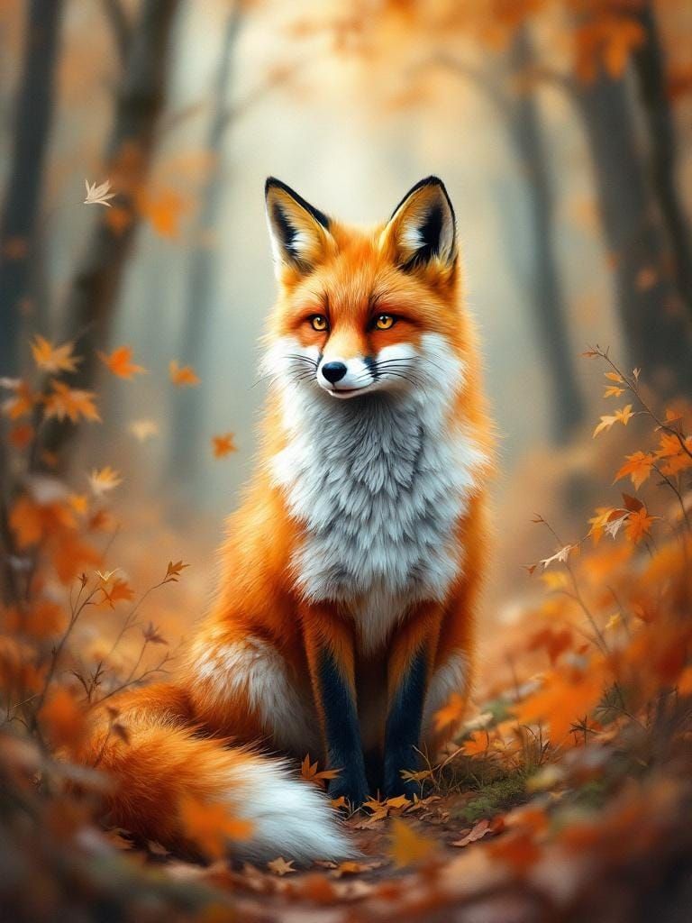 Red Fox in Misty Autumn Forest, Watercolor Style