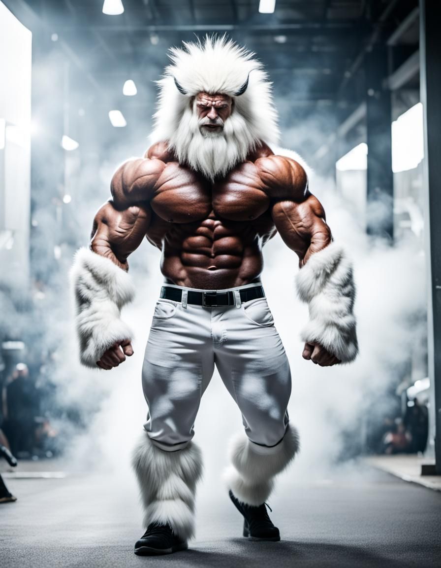 White monster massive muscular muscle Man with lots of fur