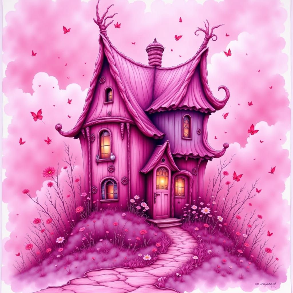 Whimsical Pink Alcohol Ink House with Magical Aura
