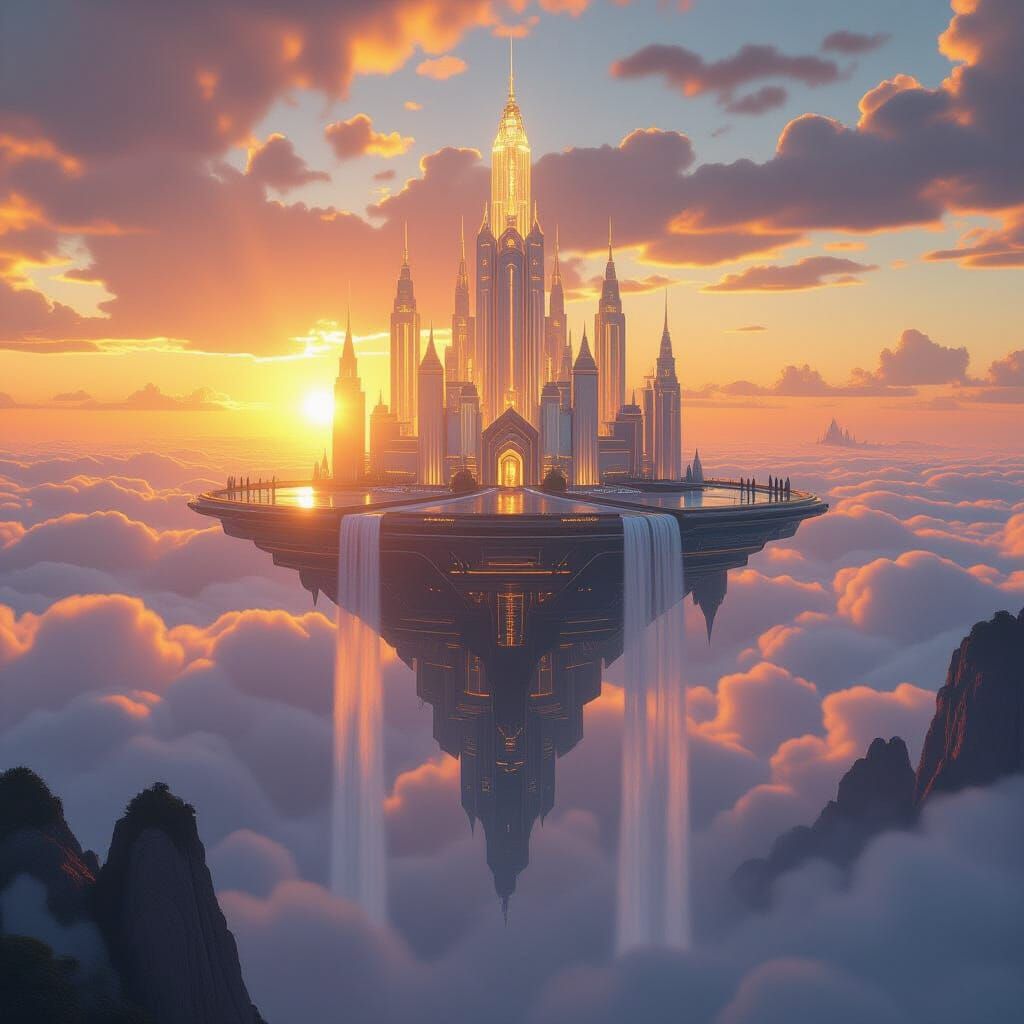 Floating Crystal Palace Above Clouds at Sunset