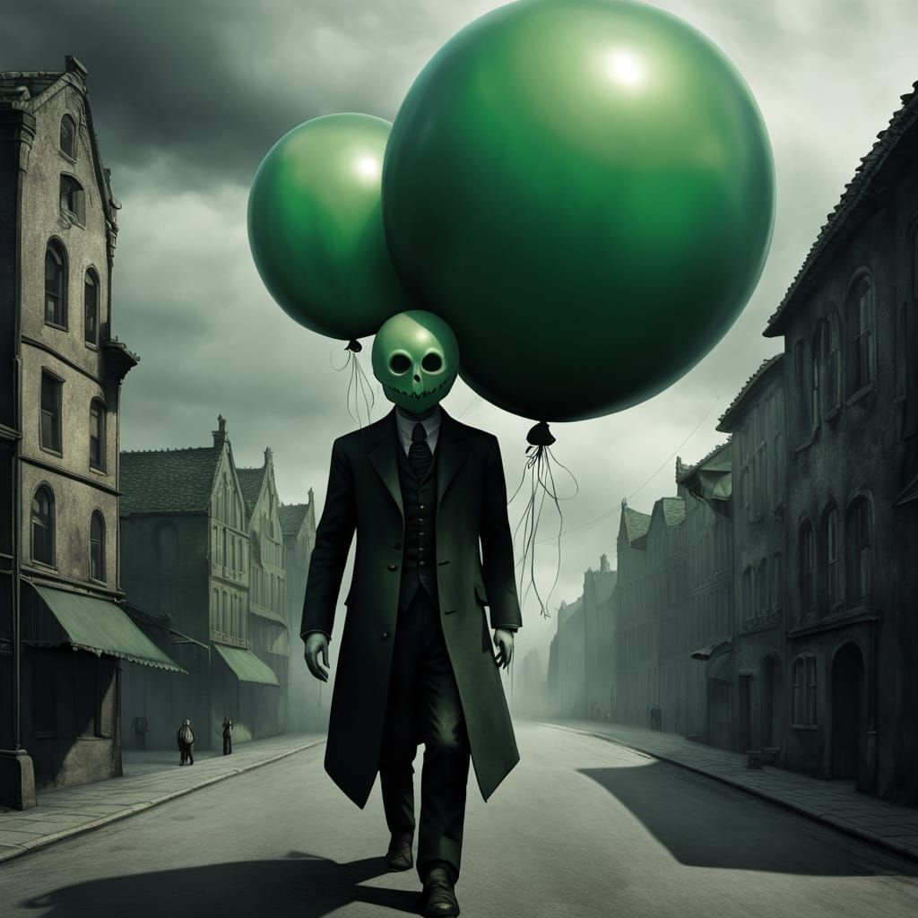 Man with Angry Green Balloon Head in Macabre Cityscape