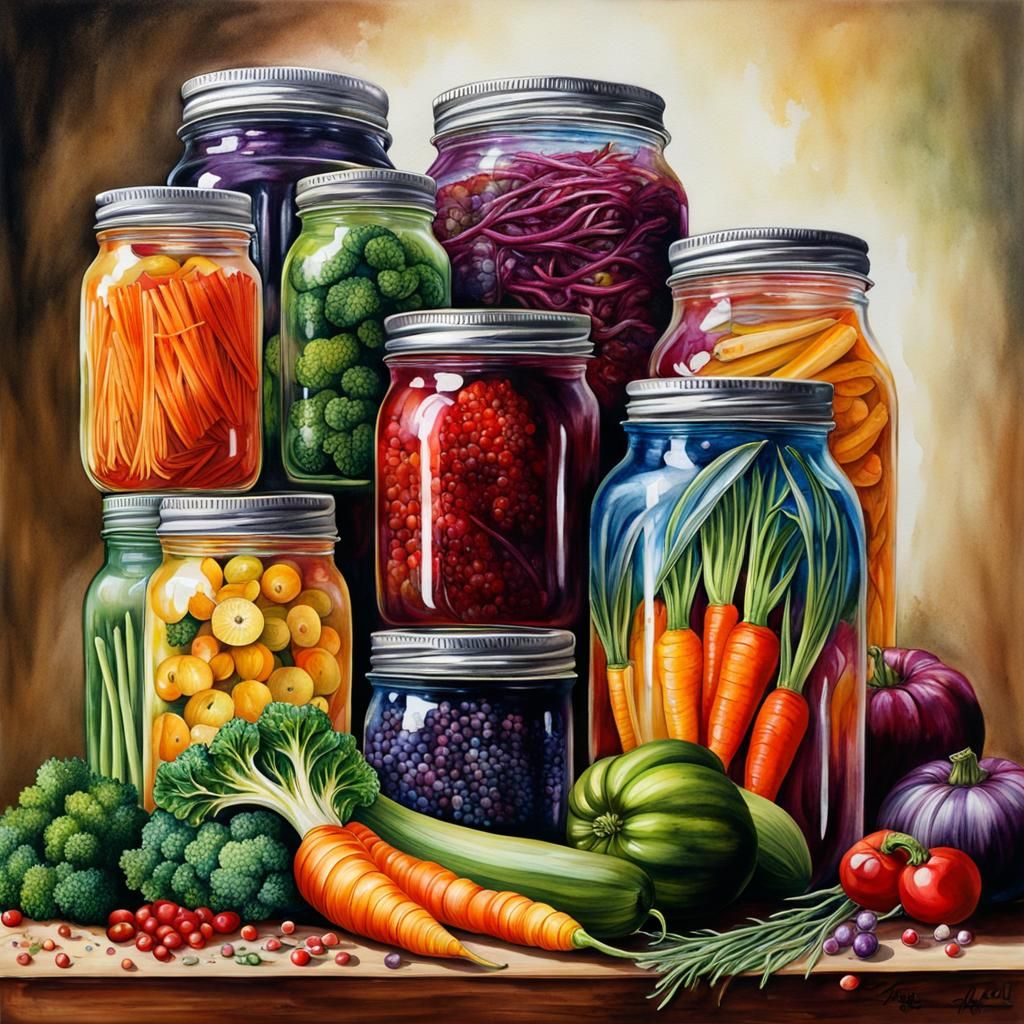 Hyperrealistic Jar of Pickled Vegetables in Watercolor Style