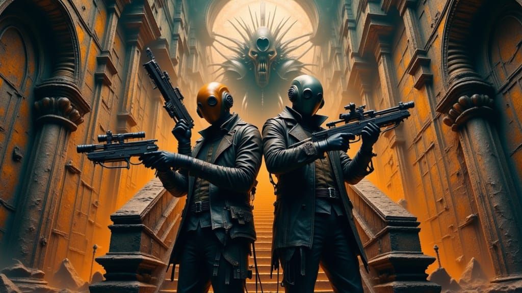 Space Crooks and Guardian at Alien Temple in Dark Fantasy St...