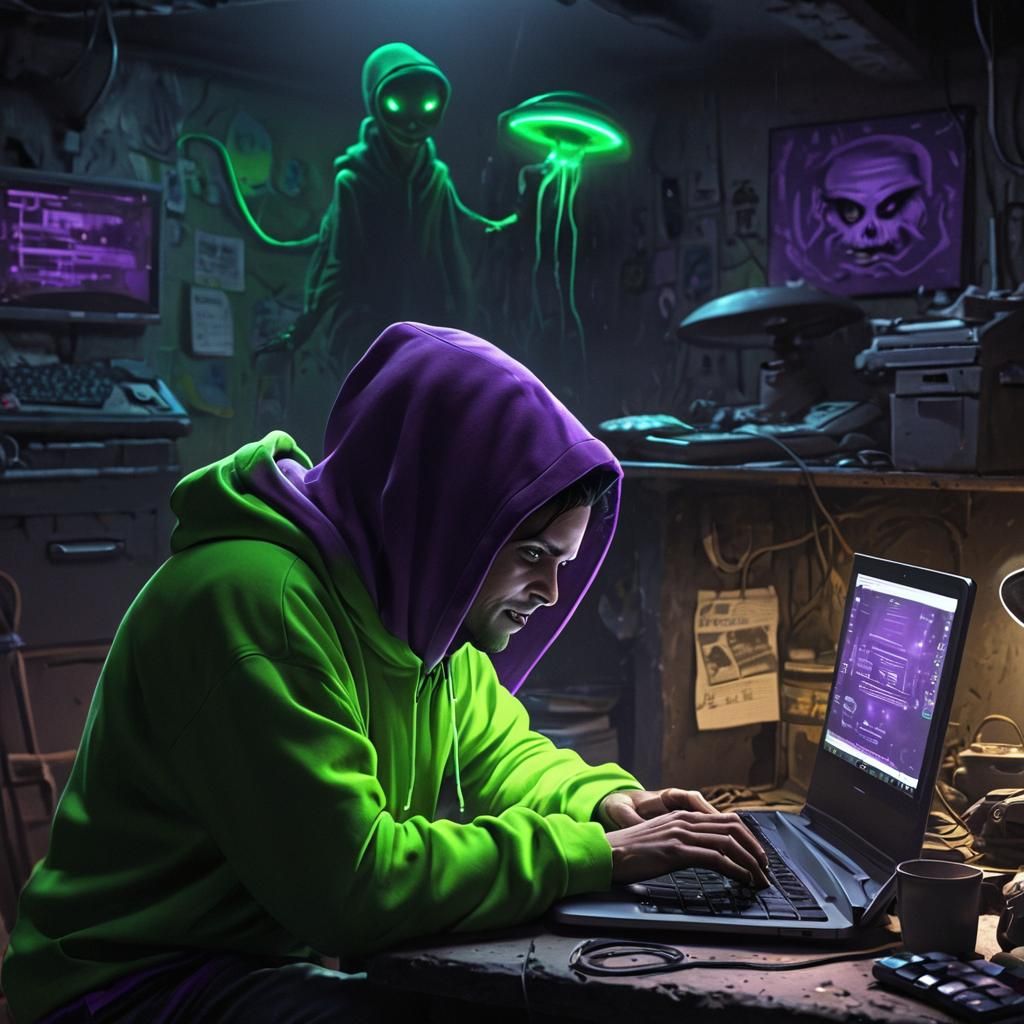 Figure in Dimly Lit Basement Typing on Laptop