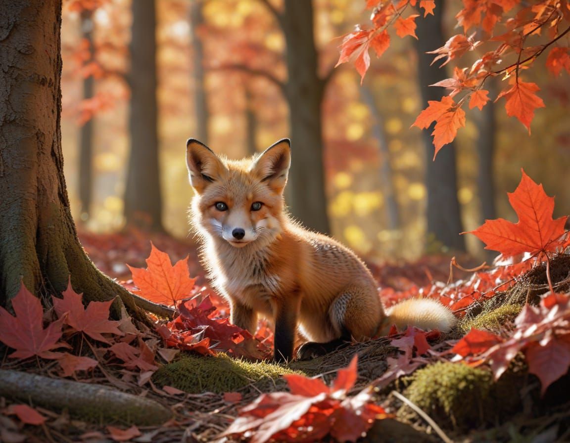 Adorable Fox Cub Peeking from Autumn Leaves
