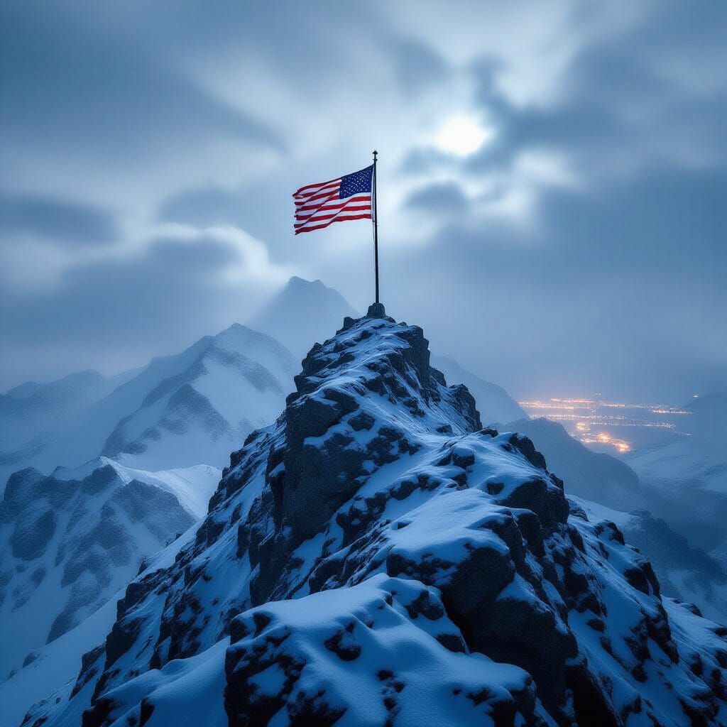 Defiant Flag on Snowy Peak in Blizzard