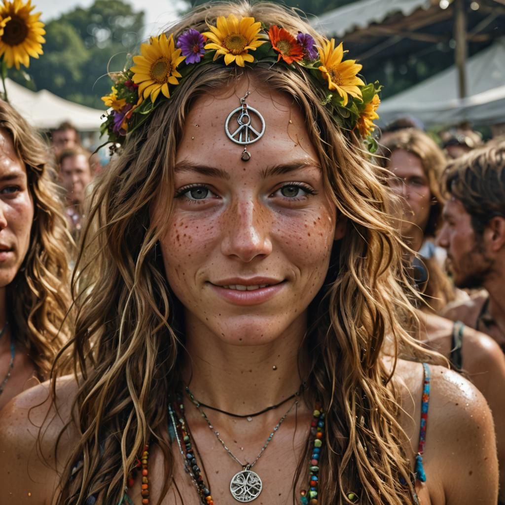 Detailed Portrait of a Hippie Girl with Flower Bikini