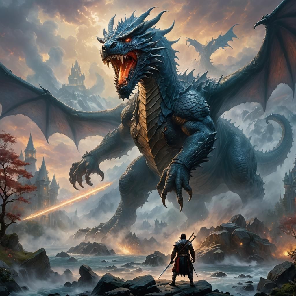 Warrior Confronts Wyvern in Ethereal Fantasy Scene