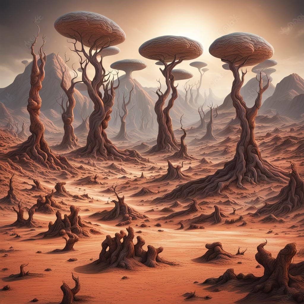 Surreal Alien Landscape with Bizarre Trees