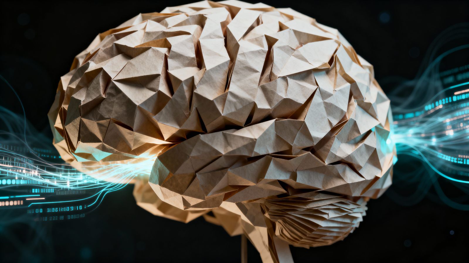 Paper Sculpture of a Glowing Human Brain with Data Streams
