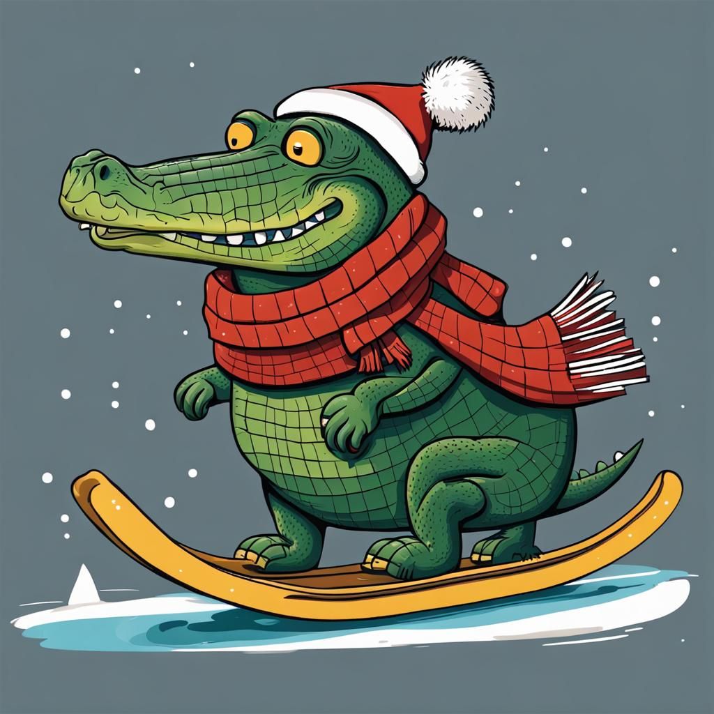 Christmas alligator with scarf riding sled