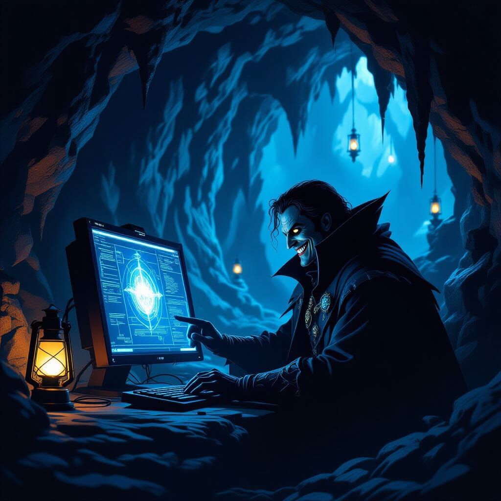 Villain Plotting in Dark Cave with High-Tech Screen