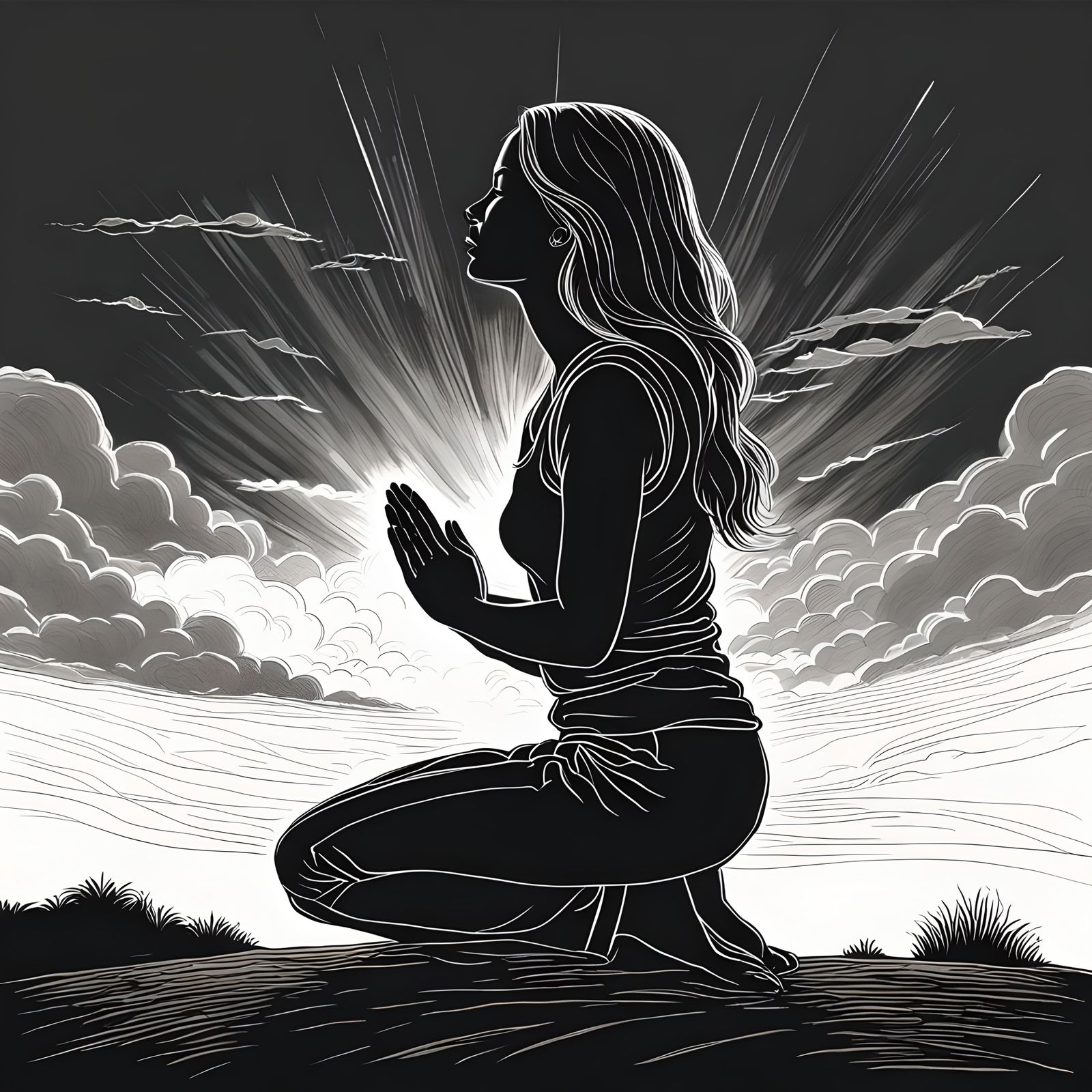 Silhouette Sketch of Praying Woman