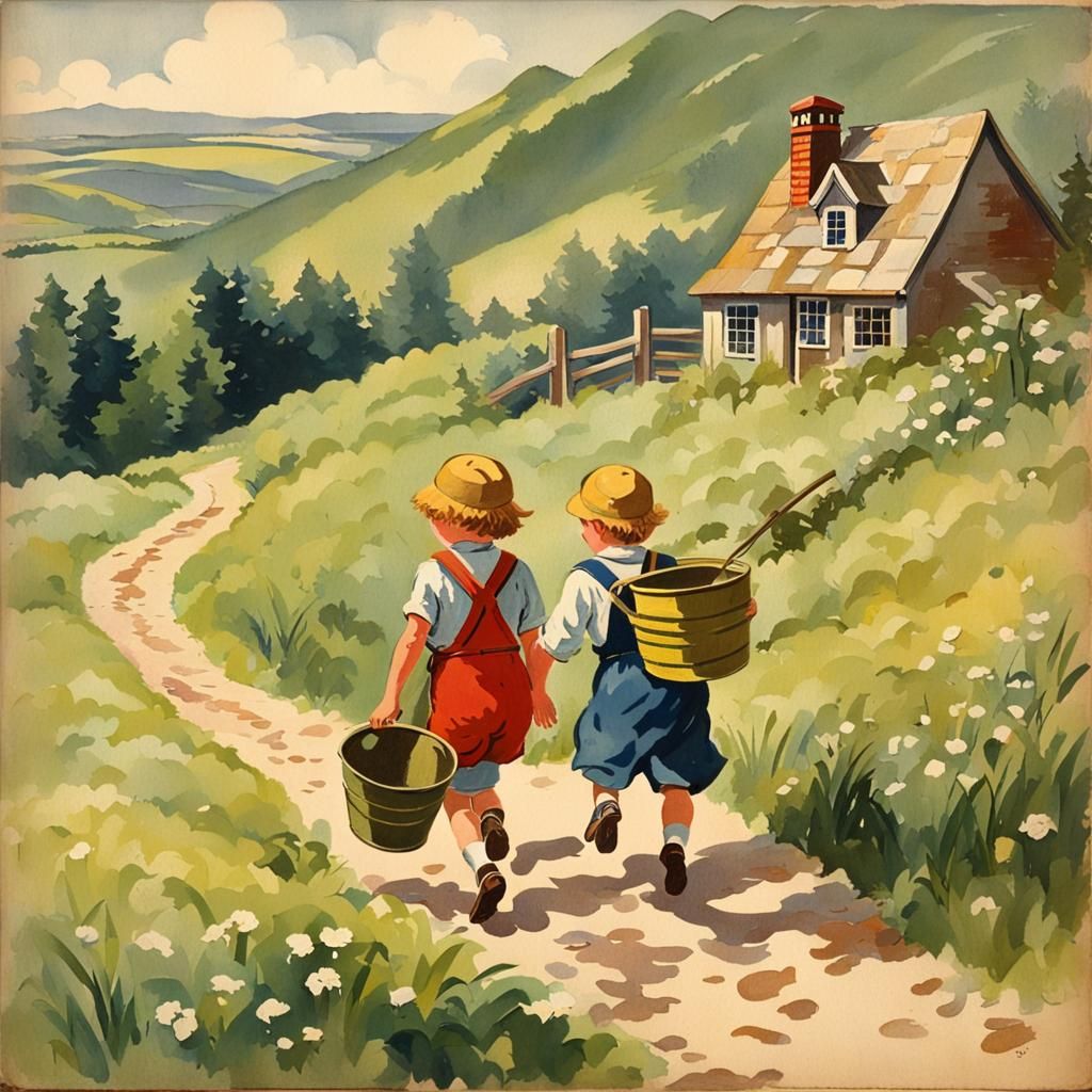 Jack and Jill Uphill: A Vintage Gouache Illustration