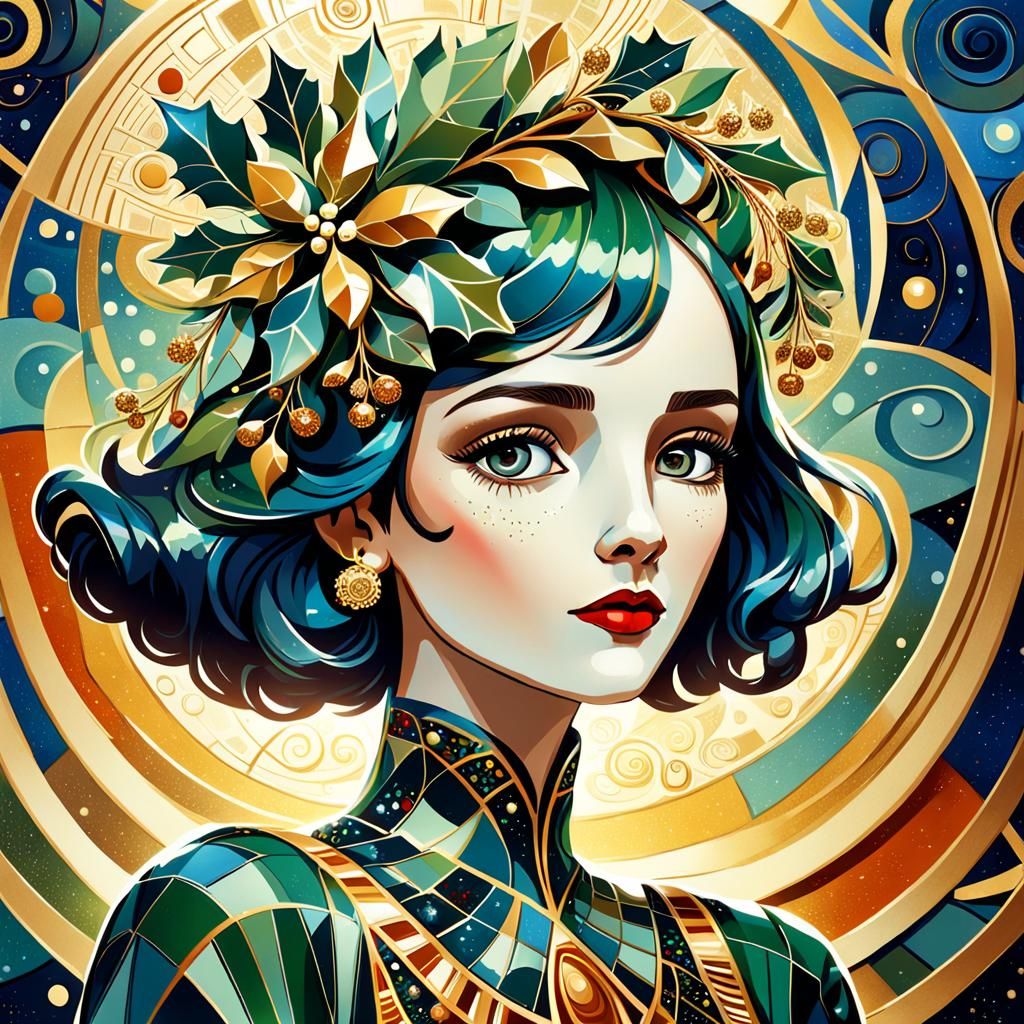 Glamorous Art Deco Woman Under Mistletoe