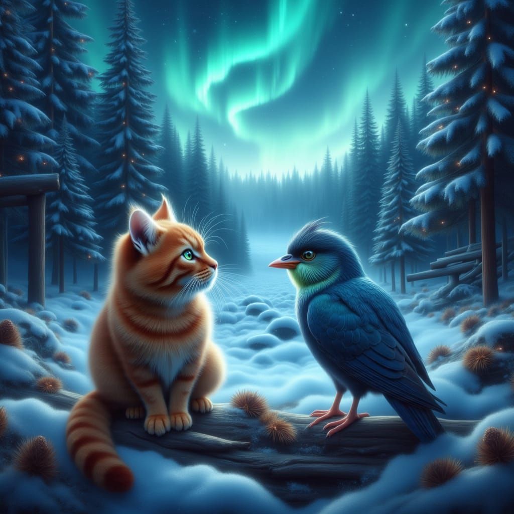 Red Cat and Blue Bird in Aurora Forest