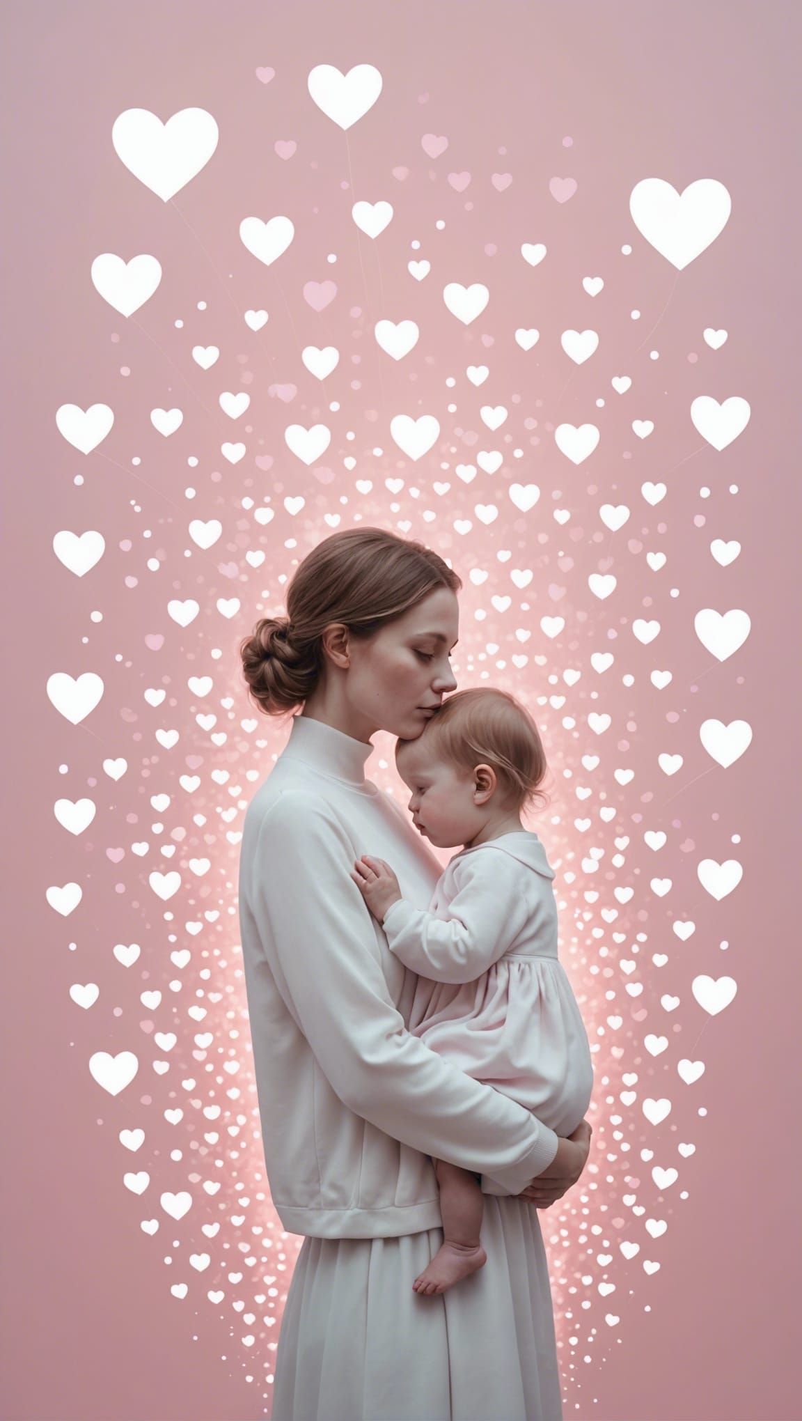 Ethereal Pink Hearts: Mother and Baby Fantasy Art