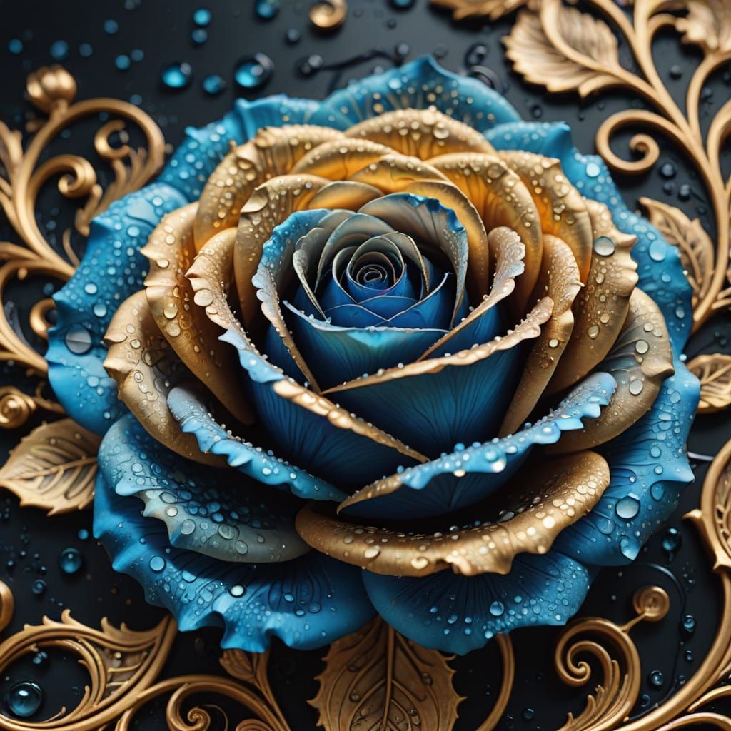Whimsical Blue Rose Blooms Against Lunar Gold